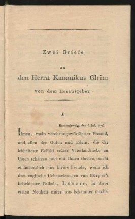 Zwei Briefe an den Herrn Kanonikus Gleim von dem Herausgeber
