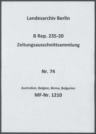 Australien, Belgien, Birma, Bulgarien