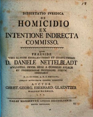 Dissertatio Ivridica De Homicidio Ex Intentione Indirecta Commisso