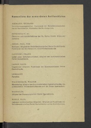 Namenliste der ermodeten Antifaschisten