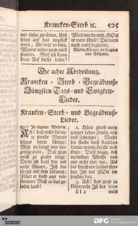 Die achte Abtheilung. Krancken- Sterb- Begräbnuß- Jüngsten Tags- und Ewigkeit- Lieder.
