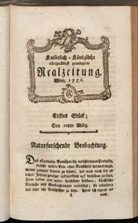 Eilftes Stück; Den 12ten März. Wien, 1776.