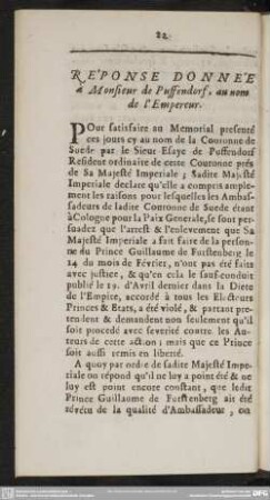 Reponse Donnee à Monsieur de Puffendorf, au nom de l'Empereur