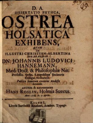 Diss. phys. ostrea Holsatica exhibens