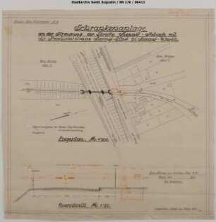 Hennef-Warth, Blankenberger Straße: Schrankenanlage am Bahnübergang der Straße Hennef - Eitorf. Lageplan und Zeichnung der Schrankenanlage mit Schrankenbock und Schrankenbaum