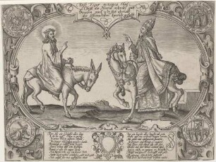 Diese Figur anzeigen thut:/ Christi des Herrn Wandel gutt./ Daneben auch wie sich verhaltt:/ des selberwölten knechts gestaltt.