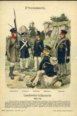 Uniformdarstellung, Infanteristen der Ostpreußischen, Pommerschen, Schlesischen und Kurmärkischen Landwehr, Königreich Preußen, 1813.