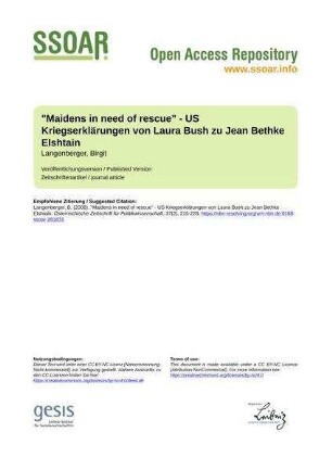 "Maidens in need of rescue" - US Kriegserklärungen von Laura Bush zu Jean Bethke Elshtain