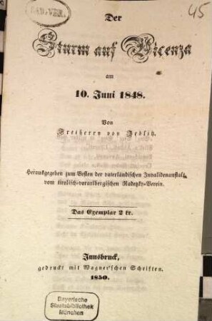 Der Sturm auf Vicenza am 10. Juni 1848