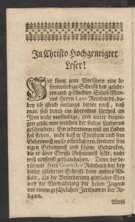 In Christo Hochgeneigter Leser!