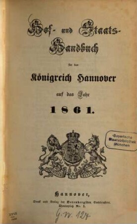 Hof- und Staatshandbuch für das Königreich Hannover, 1861
