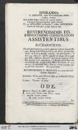 Reverendissimis DD. Eminentissimo Consecratori Assistentibus eucharisticon