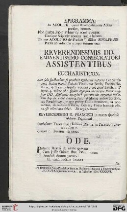 Reverendissimis DD. Eminentissimo Consecratori Assistentibus eucharisticon