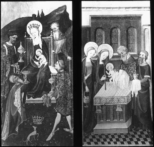Dortmund, Hochaltar in Reinoldikirche: Anbetung der Könige (linker Flügel); Darbringung im Tempel (rechts) linker Flügel Innenseite, rechte obere Tafel