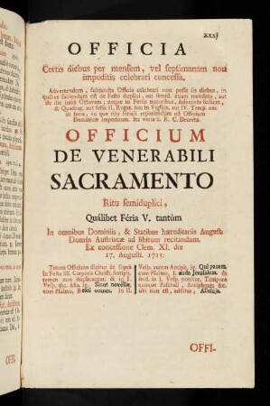 XXXI-CXVI, Officia Certis diebus per mensem, vel septimanam non impeditis celebrari concessa.