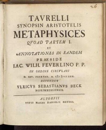 Tavrelli Synopsin Aristotelis Metaphysices ...