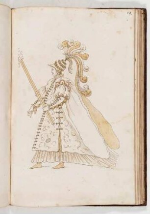 Kriegerin mit Federhut und Zepter, in: Equestrium statuarum [...] formae [...] artificiosissime pictis, Bl. 79