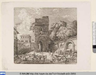 Turm eines Stadttors mit Bauern und Tieren