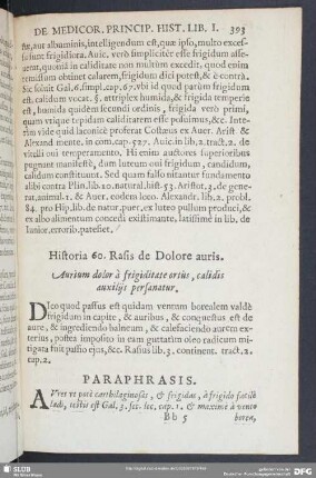 Historia 60. Rasis de Dolore auris. Aurium dolor a frigiditate ortus, calidis auxiliis persanatur