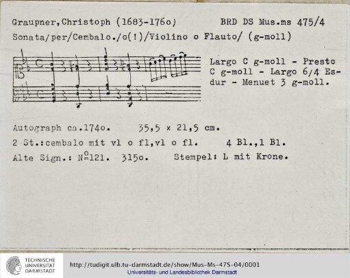 Sonata für Cembalo und Violine oder Flöte.