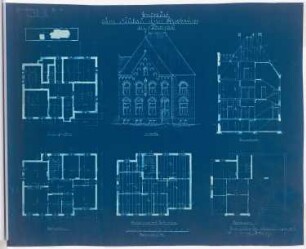 Pfarrhaus zu St. Barbara, Dortmund-Dorstfeld: Grundrisse von Keller, Erd-, Ober- und Dachgeschoss, Vorderansicht und Querschnitt 1:100