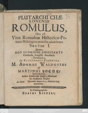 Plutarchi Chaeronensis Romulus, Hoc est Vitae Romuleae Historico-Politico-Philologico penicillo adumbratae Sectio I.