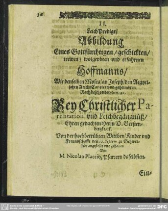 Leichenpredigt : II. LeichPredigt. Eingang. Textus. Außlegung. Personalia