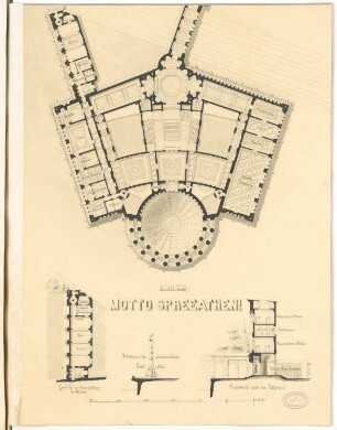 Erweiterung der Museumsinsel, Berlin Schinkelwettbewerb 1882: Museum für Nachklassische Kunst. Grundriss 2. OG u. Mezzaningeschoss des nordwestlichen Gebäudeteils, Bekrönung der Inselspitze (Ansicht), Schnitt, 1:250