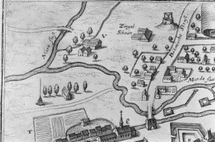 Zittau. Papiermühle (V), Ausschnitt aus: Die Stadt Zittau 1643 (Sign.: VIII 129)