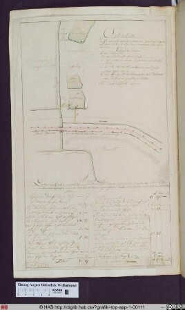 Lageplan von Teichen nahe der Wolfenbütteler Heerstraße und eine Kostenauflistung, bezogen auf die Ausbesserung eines schadhaften Dammes