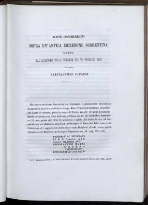 Nuove Osservazioni Sopra Un ' Antica Iscrizione Sorrentina