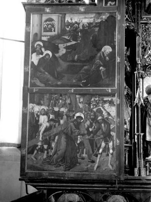 Altar im geschlossenen Zustand — Vier Szenen aus der Passion Christi — Linker Altarflügel: Gethsemane und Kreuztragung