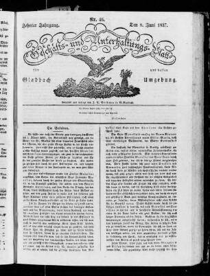 Geschäfts- und Unterhaltungsblatt für Gladbach und dessen Umgebung. 1828-1838