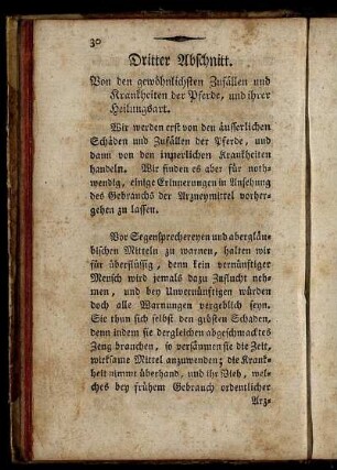 Dritter Abschnitt. Von den gewöhnlichsten Zufällen und Krankheiten der Pferde, und ihrer Heilungsart.