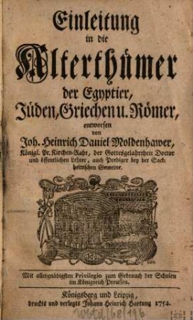 Einleitung in die Alterthümer der Egyptier, Jüden, Griechen u. Römer