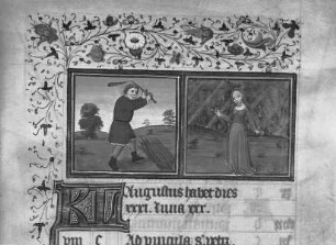 Stundenbuch Karls V. — Monatsblatt August mit Tierkreiszeichen Jungfrau, Folio 200