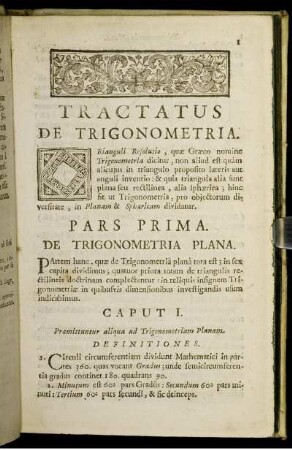 Tractatus De Trigonometria. Pars Prima. De Trigonometria Plana.