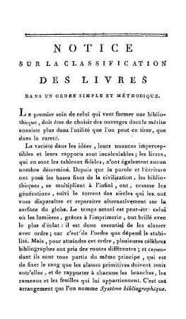 Notice Sur La Classification De Livres Dans Un Ordre Simple Et Méthodique.