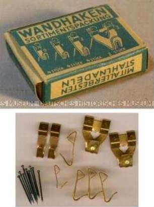 Schachtel "Wandhaken / Sortimentspackung": Schachtel, neun Haken, 10 Nägel