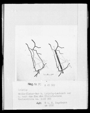 Kartenskizze der Weiße-Elster-Aue bei Leipzig-Leutzsch vor und nach dem Bau des Elsterbeckens