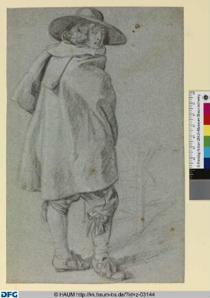 Figurenstudie eines junger Mannes mit Hut und Mantel, stehend nach rechts