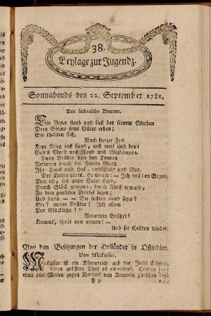 38. Beylage zur Jugendz. Sonnabends den 22. September 1781