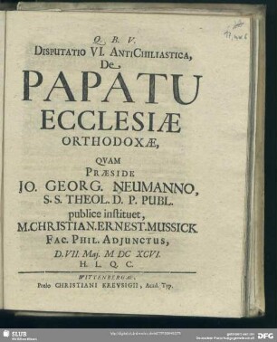 Disputatio VI. Antichiliastica, De Papatu Ecclesiae Orthodoxae