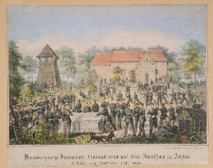 Hamburgische Infantrie lagert auf dem Friedhof von Atzbül (Juli 1848)