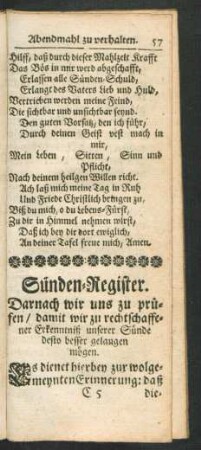 Sünden-Register. Darnach wir uns zu prüfen, damit wir zu rechtschaffener Erkenntniß unserer Sünde desto besser gelangen mögen.