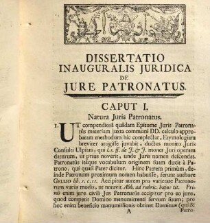 Dissertatio Inauguralis Juridica De Jure Patronatus : Subjunctis Ex Universo Jure Corollariis