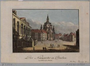 Der Neumarkt in Dresden nach Osten, links die Gemäldegalerie (Stallgebäude, Johanneum), mittig die Frauenkirche