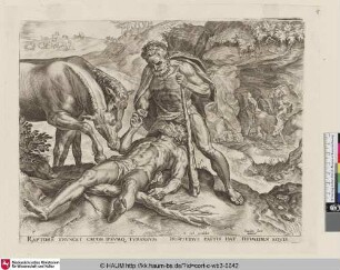 [Herakles wirft Diomedes seinen eigenen Stuten zum Fraß vor und Herakles erschlägt Cacus; Hercules feeds Diomedes to his own mares and Hercules slays Cacus; Hercule tuant Cacus]