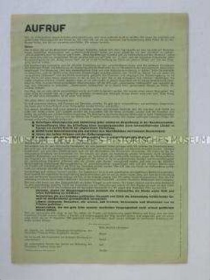 Flugblatt mit dem Aufuf zur Gründung der Deutschen Friedens-Union und einer Liste der bisherigen Unterzeichner