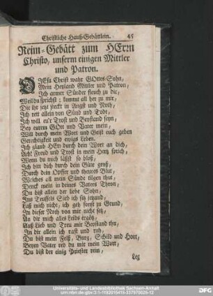 Reim-Gebätt zum Herzn Christo, unserm einigen Mittler und Patron.